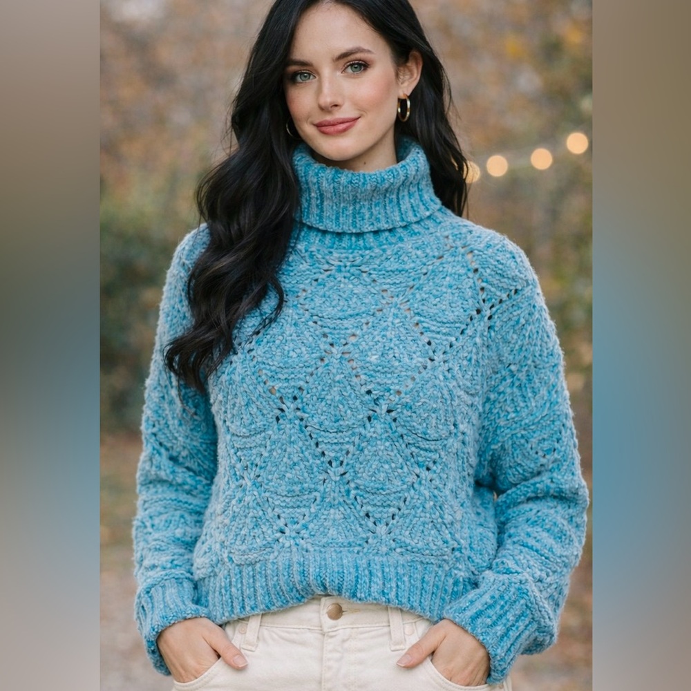POL Aqua Blue Teal Cropped Turtleneck Eyelet Knit Cozy‎ Oversized XL